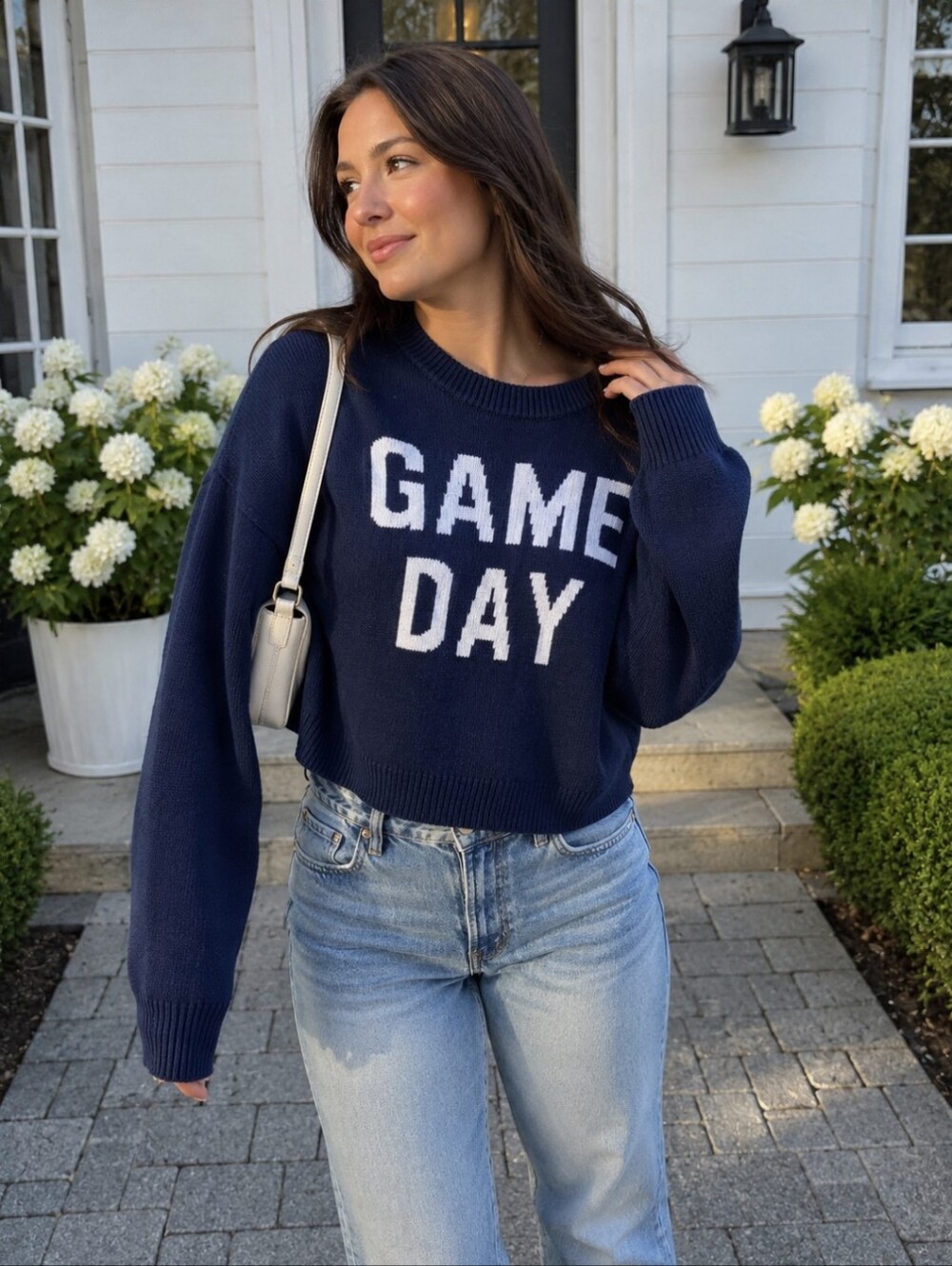 Jessica Simpson Game Day Navy Blue Varsity Knit Cropped Sweater M